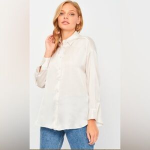 Zara cream polyester blend silky feel button dwn slim long sleeve dress shirt XS